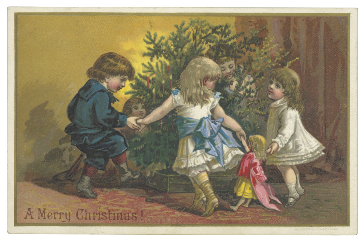 Postcard with several children in old-fashioned dress holding hands and dancing around a small Christmas tree